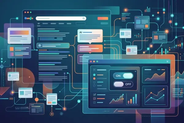 Ilustração digital mostrando um painel de controle com gráficos, botões de ligar/desligar e janelas de interface interconectadas por linhas luminosas…