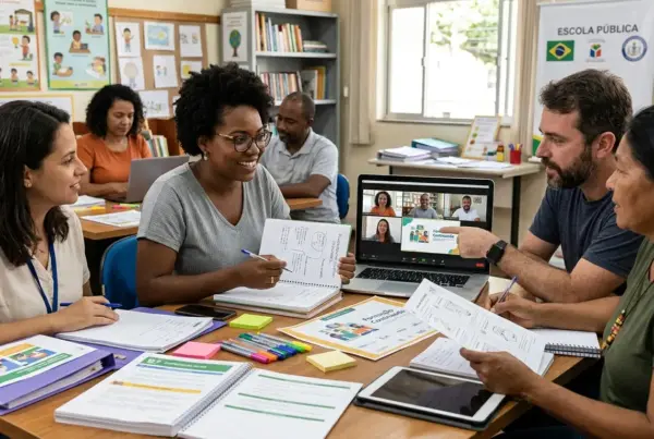 Grupo de professores reunidos em torno de uma mesa em uma sala de aula, discutindo materiais impressos e participando de uma videoconferência em um laptop.