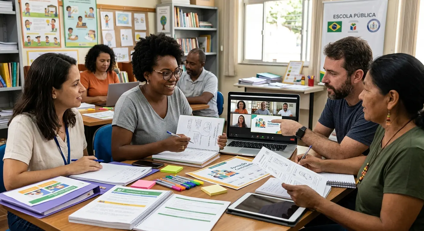 Grupo de professores reunidos em torno de uma mesa em uma sala de aula, discutindo materiais impressos e participando de uma videoconferência em um laptop.