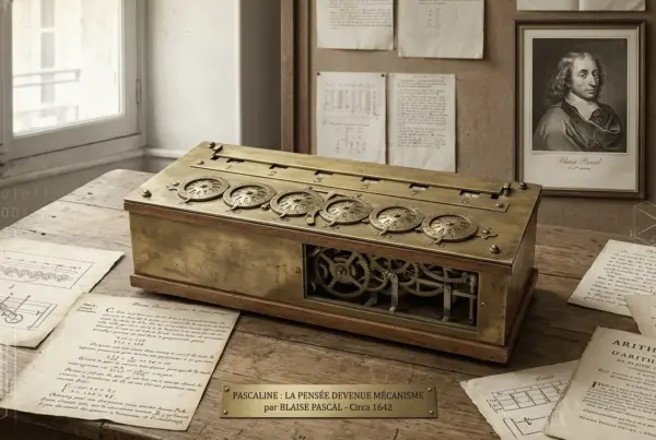 Máquina de calcular mecânica de latão, conhecida como Pascaline, sobre uma mesa de madeira com documentos antigos e um retrato de Blaise Pascal ao fundo.