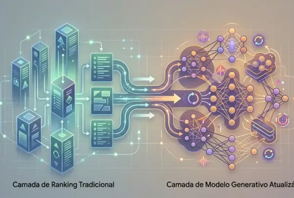 Diagrama ilustrando o fluxo de dados de uma 'Camada de Ranking Tradicional' para uma 'Camada de Modelo Generativo Atualizável'.