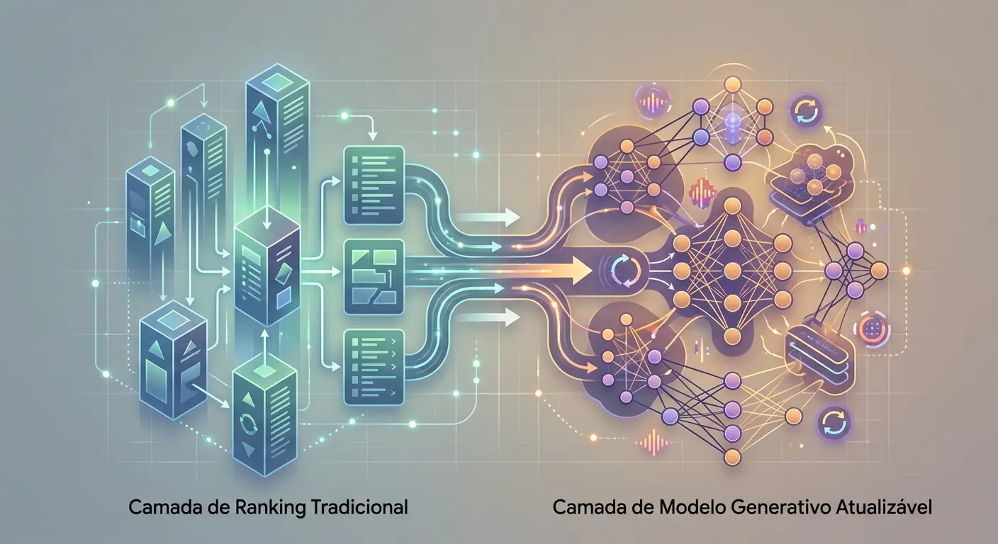 Diagrama ilustrando o fluxo de dados de uma 'Camada de Ranking Tradicional' para uma 'Camada de Modelo Generativo Atualizável'.