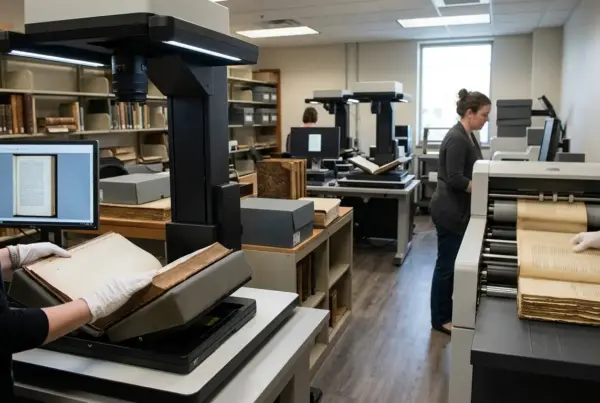 Mulheres trabalhando em um laboratório de digitalização, usando luvas brancas para manusear livros antigos em scanners especializados.