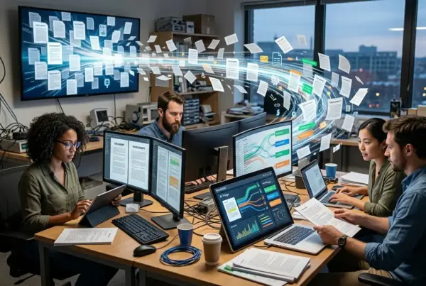Quatro pessoas em um escritório trabalhando em computadores com um fluxo visual de documentos digitais voando entre as telas.