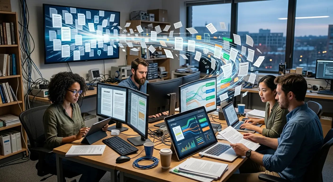 Quatro pessoas em um escritório trabalhando em computadores com um fluxo visual de documentos digitais voando entre as telas.