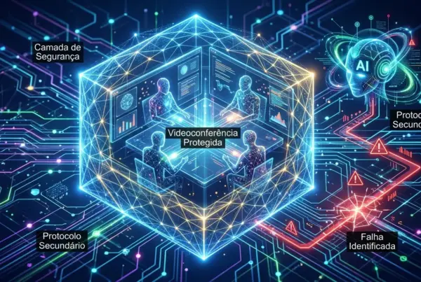 Ilustração de uma videoconferência protegida dentro de um cubo de rede brilhante, com elementos de segurança cibernética e inteligência artificial ao redor.