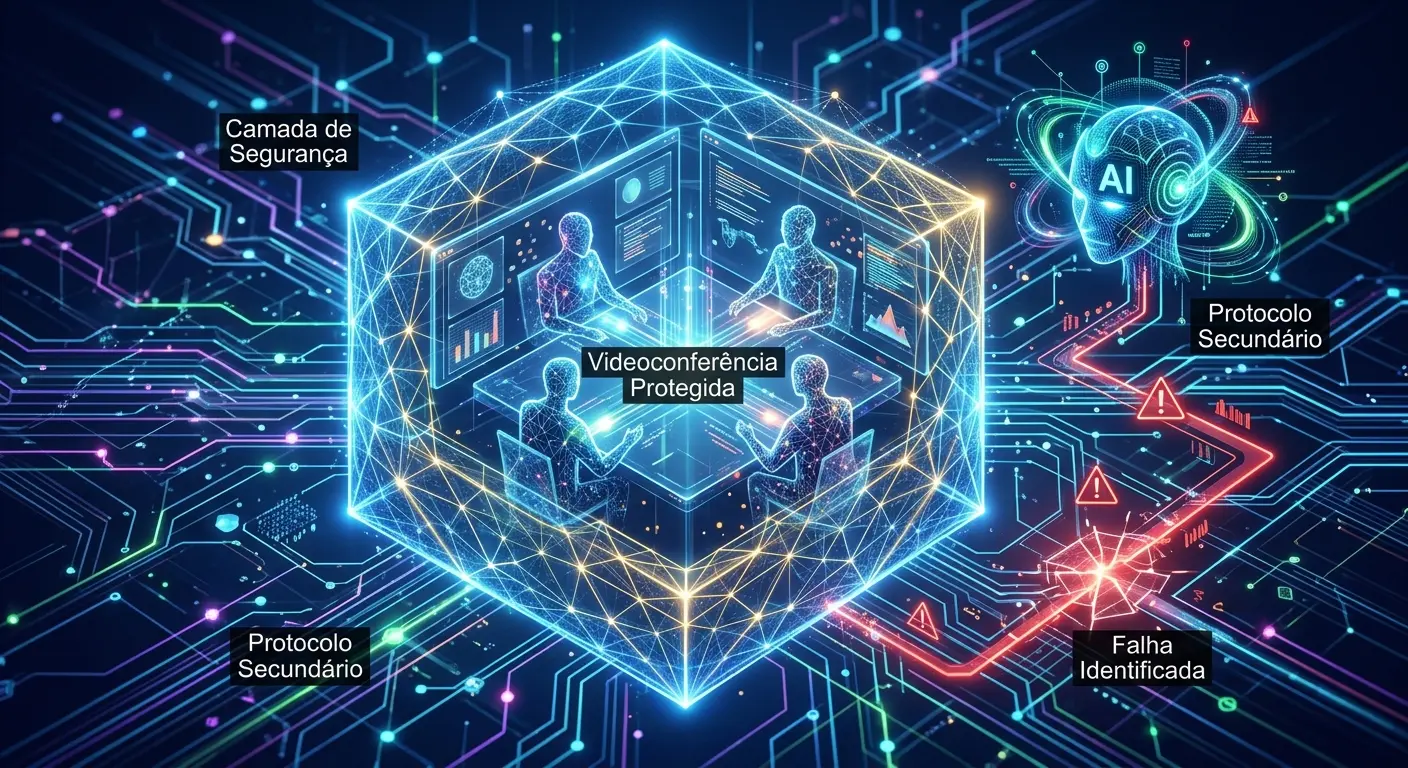 Ilustração de uma videoconferência protegida dentro de um cubo de rede brilhante, com elementos de segurança cibernética e inteligência artificial ao redor.