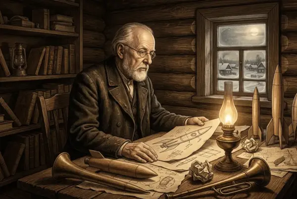 Ilustração de um senhor de barba e óculos analisando esboços de foguetes à luz de lamparina em uma cabana de madeira com maquetes e livros.