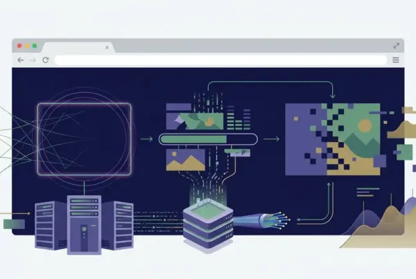 Ilustração técnica dentro de uma janela de navegador mostrando servidores conectados, fluxo de dados, barra de progresso e reconstrução de imagem digital.