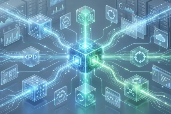 Ilustração conceitual em 3D de um cubo central luminoso conectado por circuitos digitais a blocos de APIs, códigos e painéis de dados em um data center.