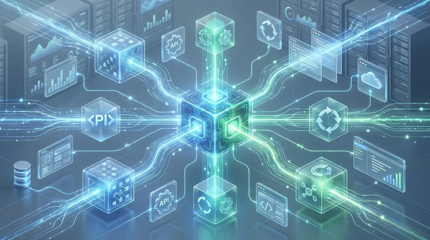Ilustração conceitual em 3D de um cubo central luminoso conectado por circuitos digitais a blocos de APIs, códigos e painéis de dados em um data center.