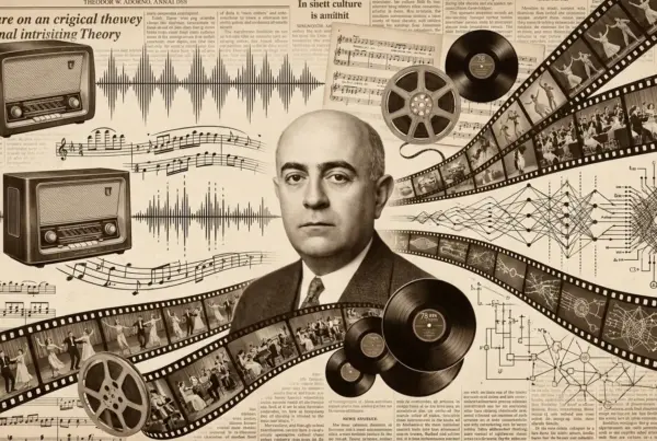 Colagem artística em tons sépia com o filósofo Theodor Adorno no centro, rodeado por aparelhos de rádio antigos, fitas de filme de cinema, discos de vinil e…