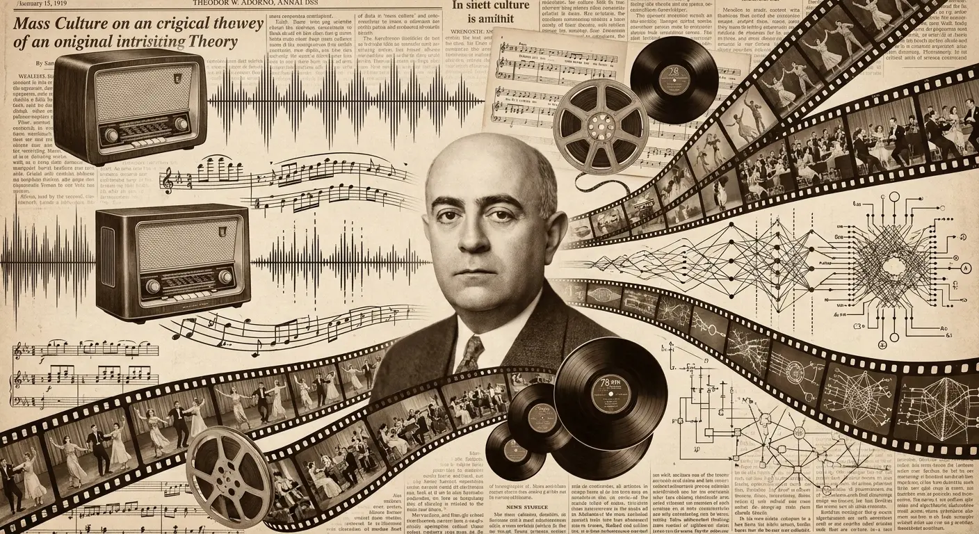 Colagem artística em tons sépia com o filósofo Theodor Adorno no centro, rodeado por aparelhos de rádio antigos, fitas de filme de cinema, discos de vinil e…
