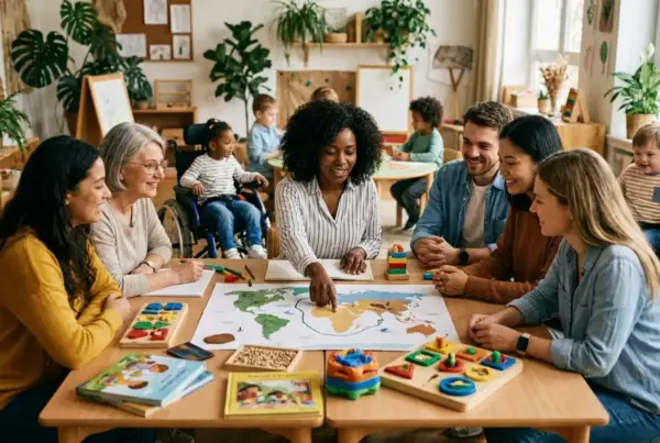 Grupo diverso de adultos ao redor de uma mesa com mapa-múndi e brinquedos pedagógicos em sala de aula inclusiva.