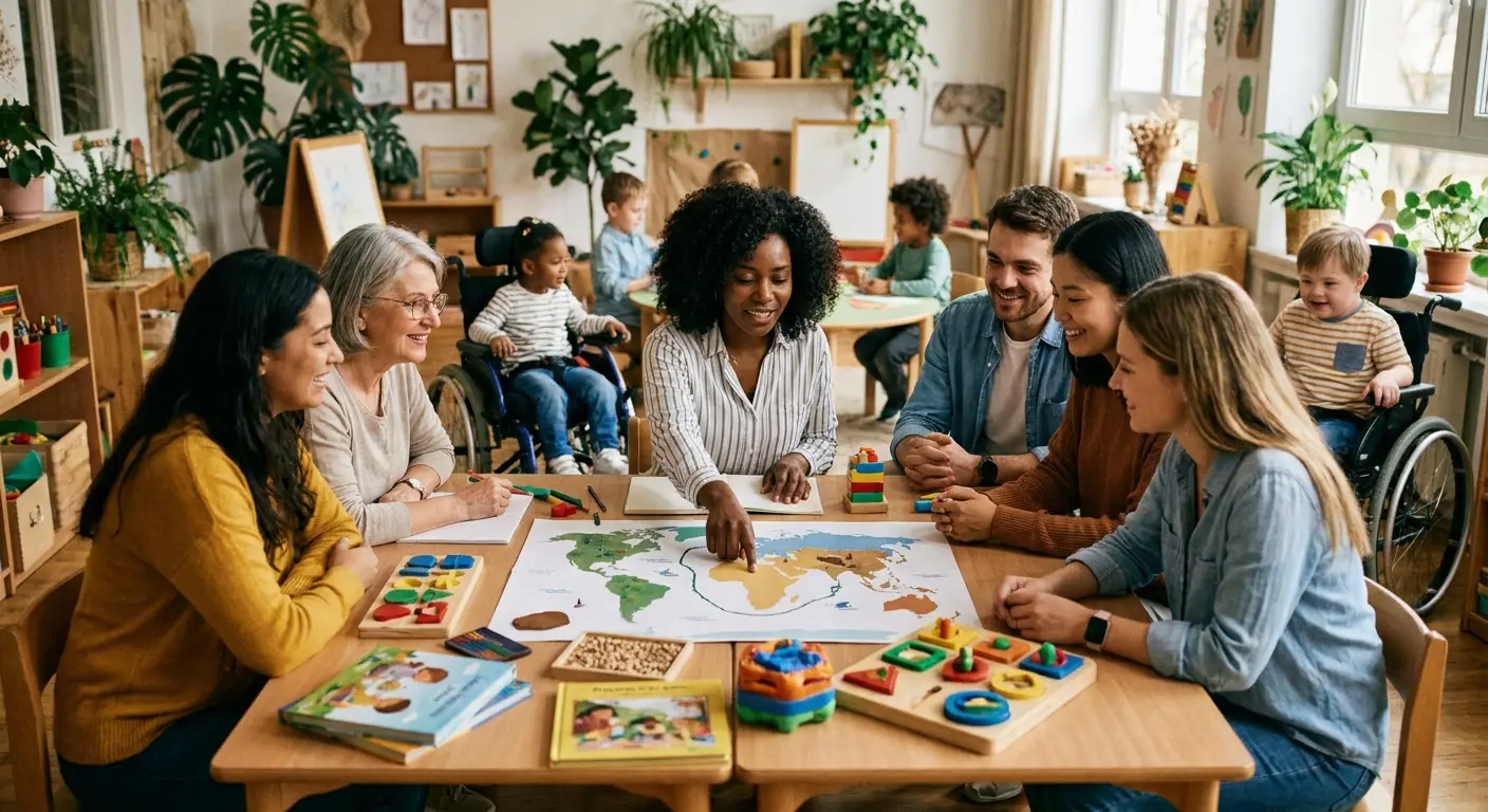 Grupo diverso de adultos ao redor de uma mesa com mapa-múndi e brinquedos pedagógicos em sala de aula inclusiva.
