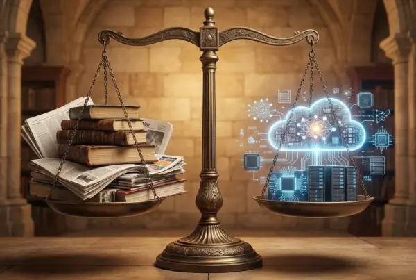 Balança da justiça equilibrando livros e jornais impressos de um lado e servidores com computação em nuvem do outro.