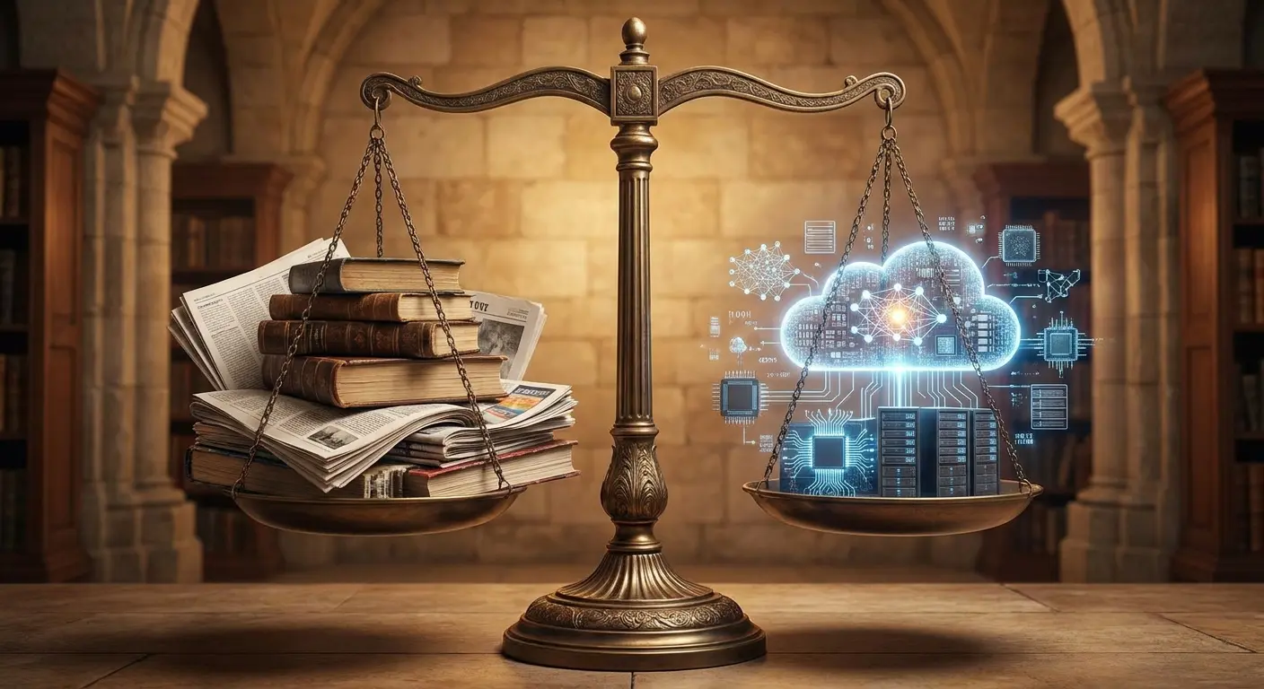 Balança da justiça equilibrando livros e jornais impressos de um lado e servidores com computação em nuvem do outro.