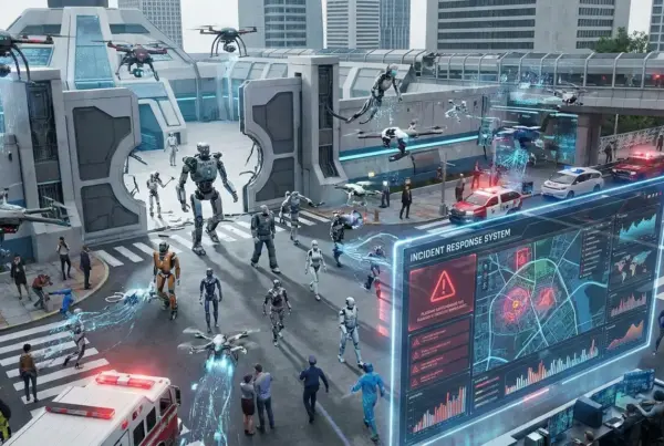 Ilustração futurista de uma cidade inteligente com drones, robôs de resgate, veículos de emergência e uma tela holográfica de resposta a incidentes.