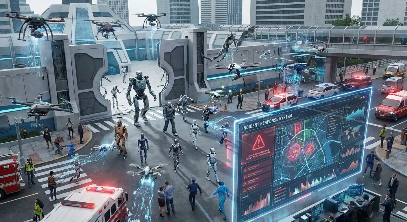 Ilustração futurista de uma cidade inteligente com drones, robôs de resgate, veículos de emergência e uma tela holográfica de resposta a incidentes.