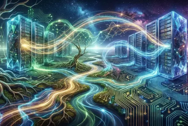 Ilustração conceitual de servidores de dados conectados por feixes luminosos e raízes de árvores sobre circuitos eletrônicos sob o céu estrelado.