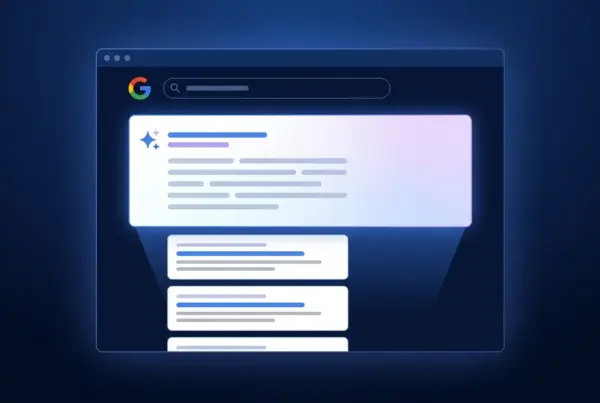 Ilustração de uma janela de navegador com a barra de pesquisa do Google e um painel de respostas em destaque sobre os resultados convencionais.