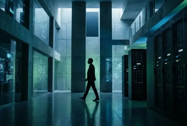 Silhueta de um homem de terno caminhando por um data center de alta tecnologia com servidores e telas digitais luminosas.