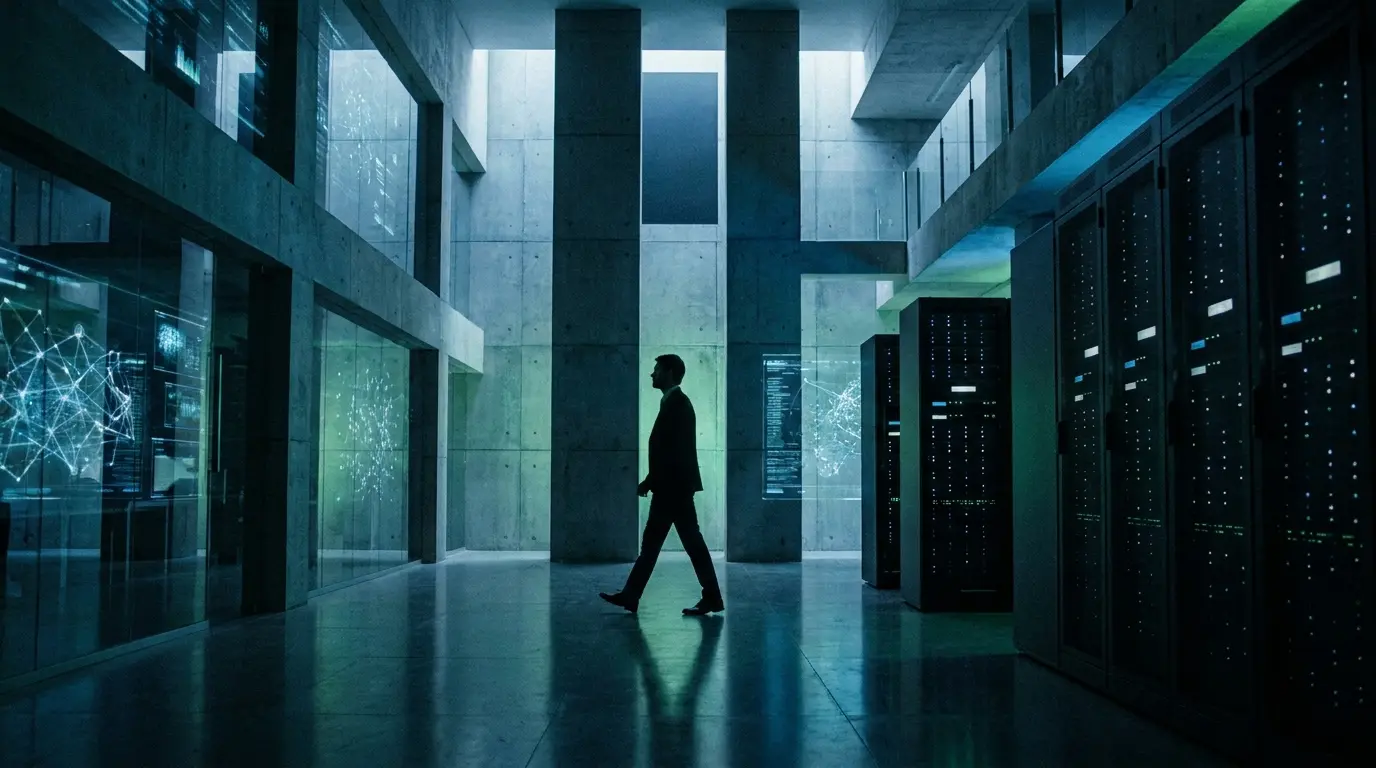 Silhueta de um homem de terno caminhando por um data center de alta tecnologia com servidores e telas digitais luminosas.