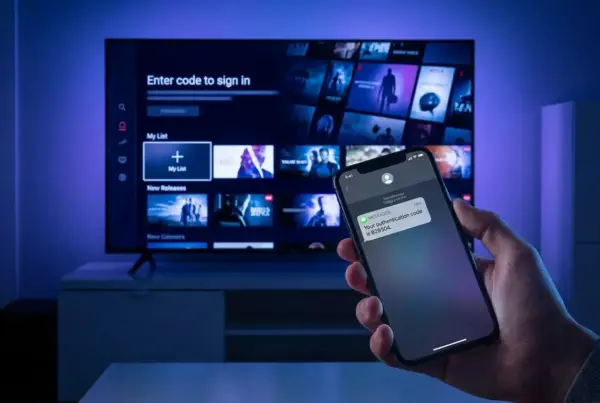Mão segurando um smartphone com código de autenticação por mensagem em frente a uma smart TV com tela de login.