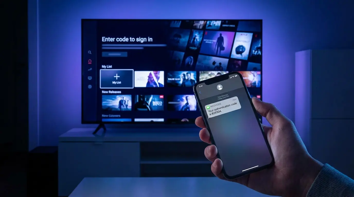 Mão segurando um smartphone com código de autenticação por mensagem em frente a uma smart TV com tela de login.