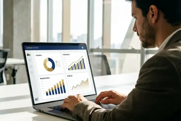 Profissional de negocios trabalhando em um notebook com painel de investimentos e graficos financeiros na tela em um escritorio moderno.