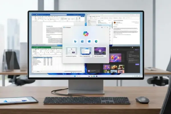 Monitor em uma mesa de escritório mostrando aplicativos de produtividade abertos e janela de assistente na tela.