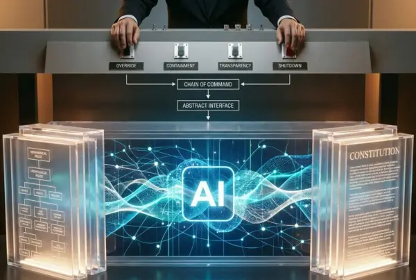 Painel conceitual de controle sobre inteligência artificial com botões de interrupção, regras hierárquicas e constituição.