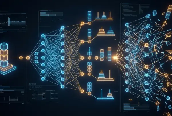 Ilustração conceitual de uma rede neural com nós brilhantes azuis e laranjas processando estruturas de dados e algoritmos.