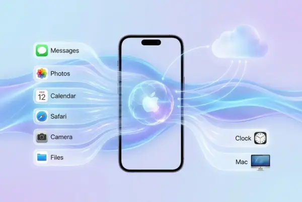 Ilustração conceitual de um iPhone central com o logotipo da Apple brilhando na tela, conectado por feixes luminosos a ícones de aplicativos e à nuvem.