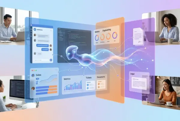 Ilustração conceitual de profissionais trabalhando em computadores conectados por interfaces digitais e fluxos luminosos de inteligência artificial.