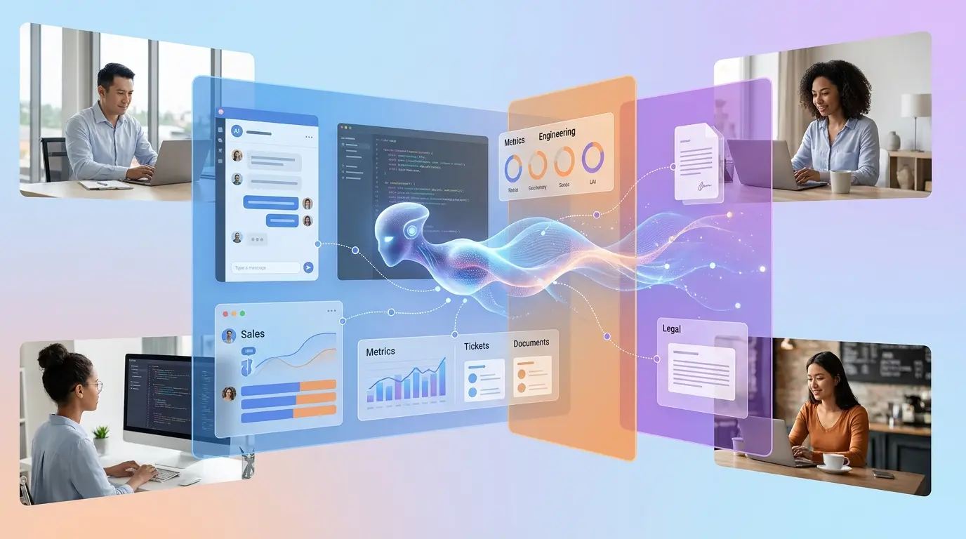 Ilustração conceitual de profissionais trabalhando em computadores conectados por interfaces digitais e fluxos luminosos de inteligência artificial.