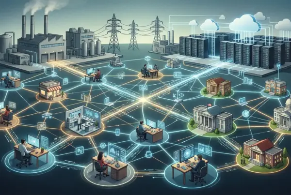 Ilustração isométrica de uma rede digital conectando centro de dados em nuvem, indústrias, edifícios públicos e estações de trabalho.