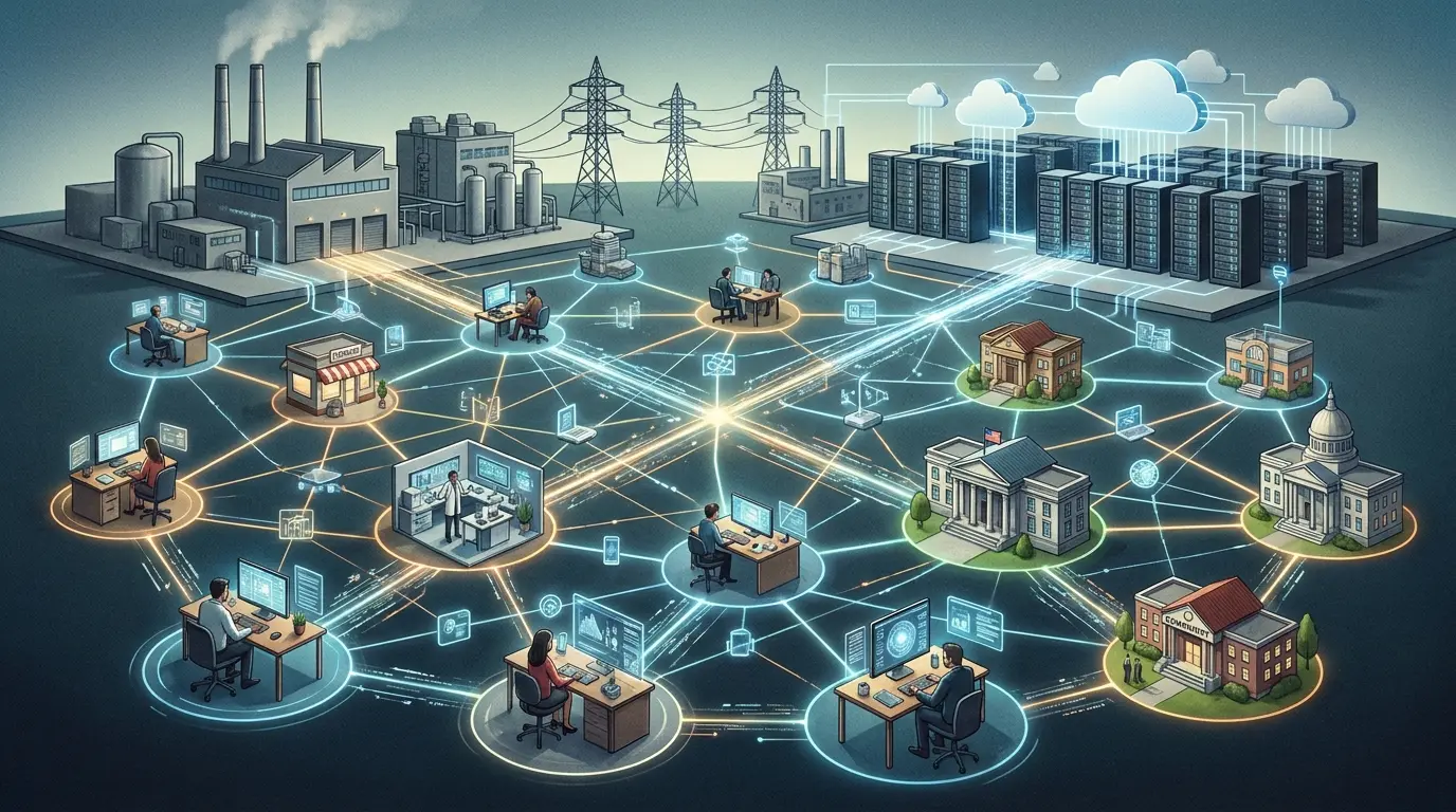 Ilustração isométrica de uma rede digital conectando centro de dados em nuvem, indústrias, edifícios públicos e estações de trabalho.