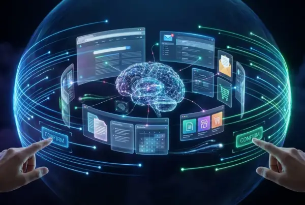 Representação gráfica de um cérebro digital central cercado por telas holográficas com dados, documentos e ícones, interagindo com mãos humanas tocando botões…
