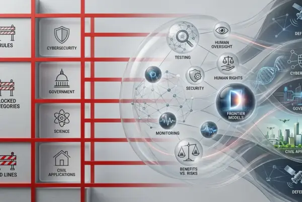 Infográfico ilustrando a governança, regras, processos de teste e aplicações de modelos avançados de inteligência artificial.