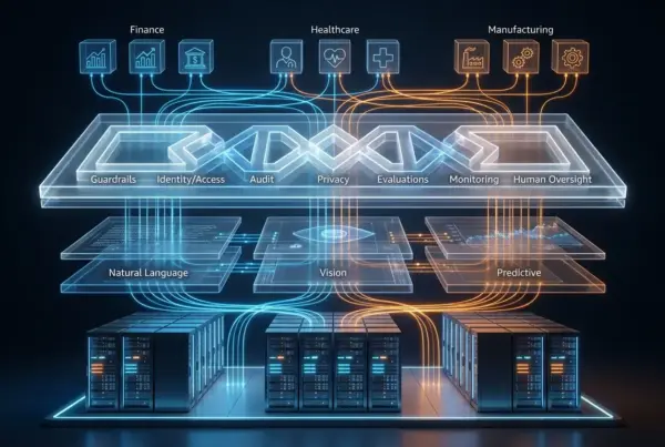 Diagrama conceitual 3D mostrando servidores interligados a camadas de governança, processamento de dados e setores como finanças, saúde e manufatura.