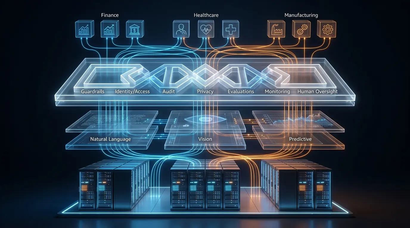 Diagrama conceitual 3D mostrando servidores interligados a camadas de governança, processamento de dados e setores como finanças, saúde e manufatura.