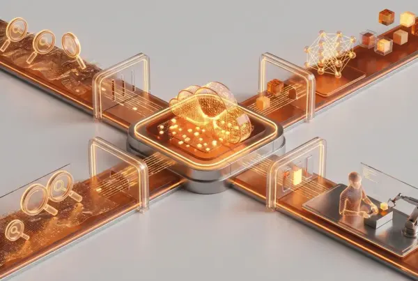 Ilustração 3D em perspectiva isométrica com um ícone de nuvem digital brilhante conectado a quatro esteiras de processamento de dados e automação.