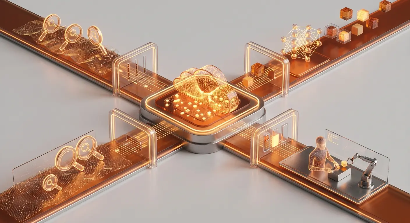Ilustração 3D em perspectiva isométrica com um ícone de nuvem digital brilhante conectado a quatro esteiras de processamento de dados e automação.