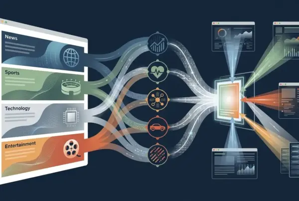 Ilustração de fluxos de dados conectando categorias de conteúdo como notícias, esportes, tecnologia e entretenimento a painéis analíticos e servidores.