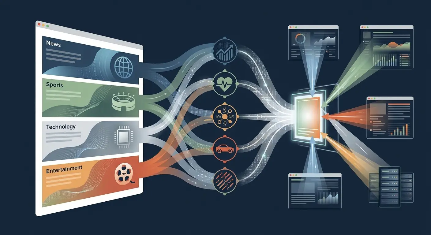 Ilustração de fluxos de dados conectando categorias de conteúdo como notícias, esportes, tecnologia e entretenimento a painéis analíticos e servidores.