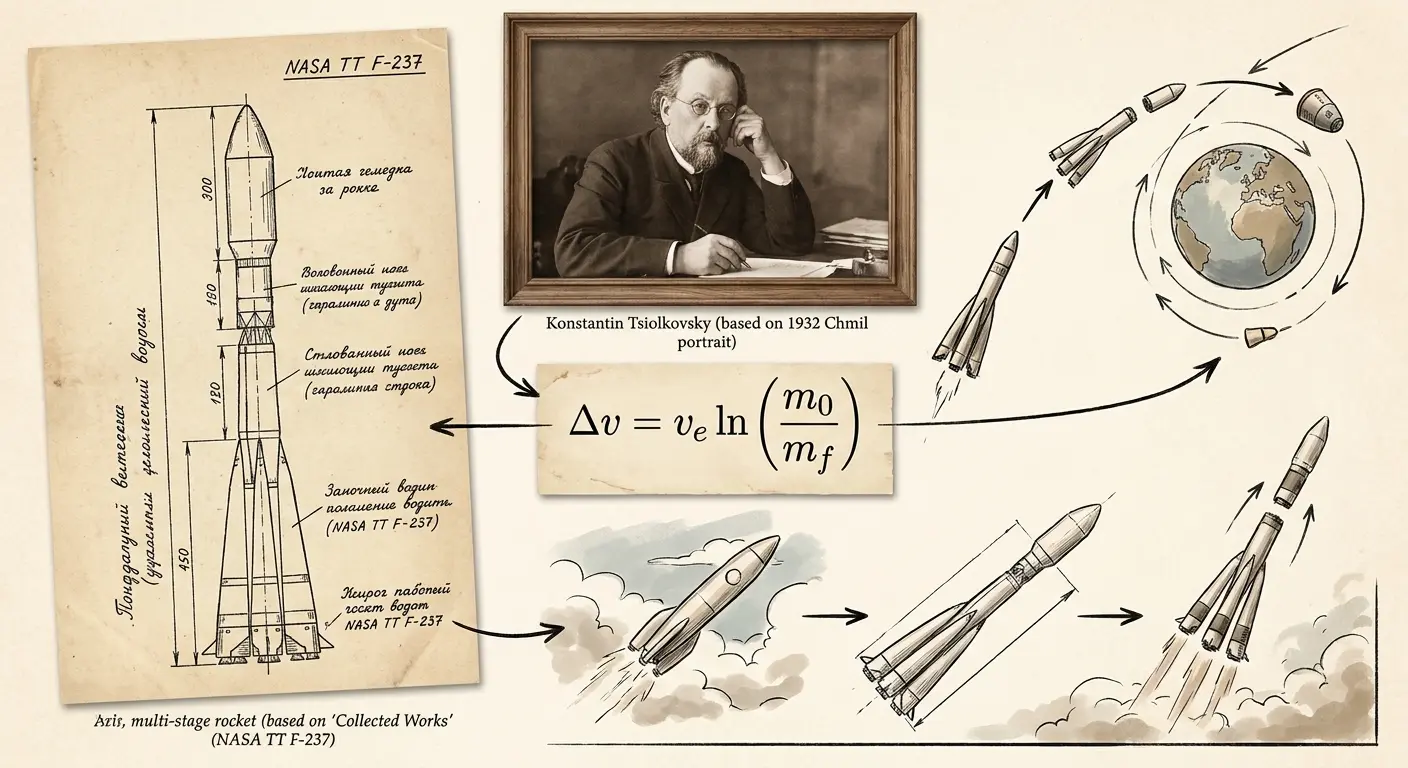 Ilustração com retrato de Konstantin Tsiolkovsky, a equação do foguete, diagramas técnicos e estágios de lançamento orbital de um foguete.
