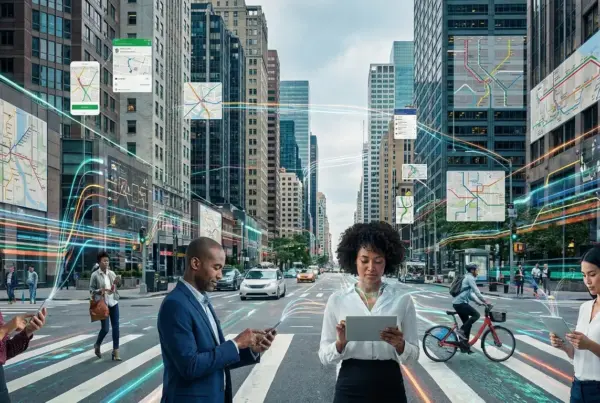Pedestres usando smartphones e tablets em avenida urbana com linhas luminosas de dados e mapas virtuais flutuando ao redor.