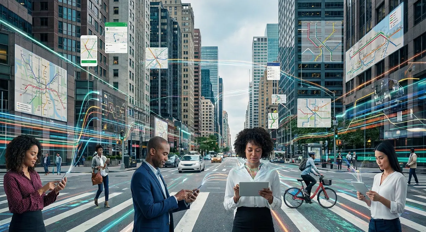 Pedestres usando smartphones e tablets em avenida urbana com linhas luminosas de dados e mapas virtuais flutuando ao redor.