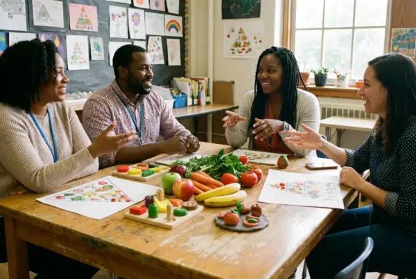 Quatro adultos conversando ao redor de uma mesa com frutas, vegetais e materiais educativos sobre alimentação saudável em uma sala de aula.